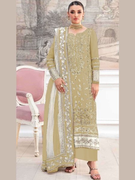 Exclusive Yellow Crunchy Fabric Suit with Embroidery and Khatli Work Salwar Kameez