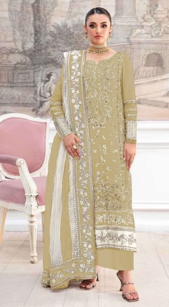 Exclusive Yellow Crunchy Fabric Suit with Embroidery and Khatli Work Pakistani Suits Wholesale