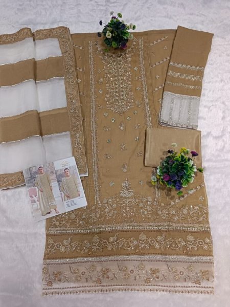 Exclusive Yellow Crunchy Fabric Suit with Embroidery and Khatli Work Pakistani Suits Wholesale