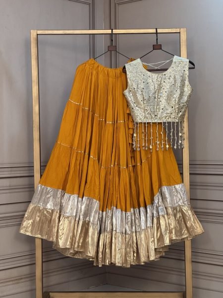 Exclusive Yellow Designer Lehenga Choli With Heavy Mirror Work And Golden Lace Navratri Lehnega Choli