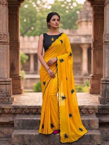 Exclusive Yellow Georgette Saree with Floral Embroidery and Sequins Work