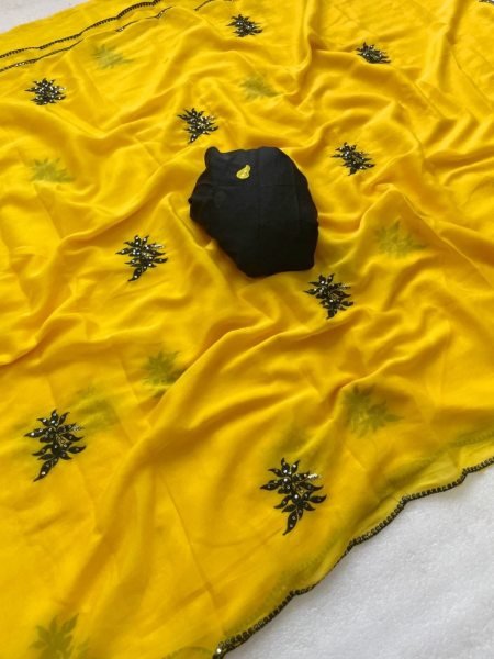 Exclusive Yellow Georgette Saree with Floral Embroidery and Sequins Work Silk Sarees Wholesale