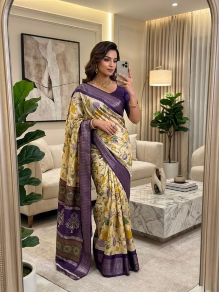 Exclusive Yellow Purple Dola Silk Saree with Floral Print and Zari Border For Wedding Wear Sarees 