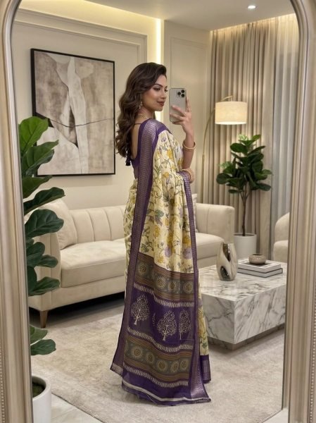 Exclusive Yellow Purple Dola Silk Saree with Floral Print and Zari Border For Wedding Wear Silk Sarees Wholesale