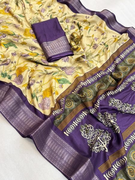 Exclusive Yellow Purple Dola Silk Saree with Floral Print and Zari Border For Wedding Wear Silk Sarees Wholesale