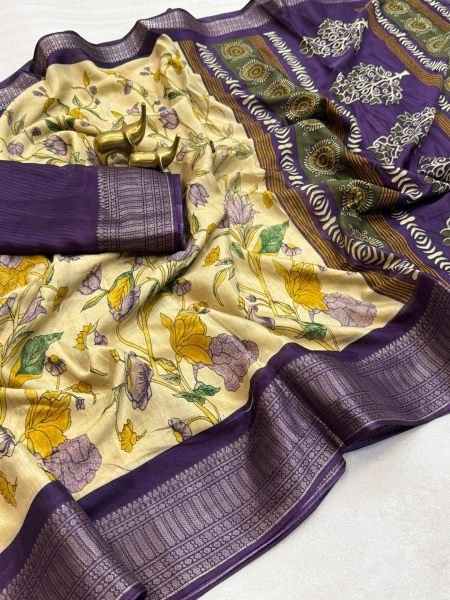 Exclusive Yellow Purple Dola Silk Saree with Floral Print and Zari Border For Wedding Wear Silk Sarees Wholesale