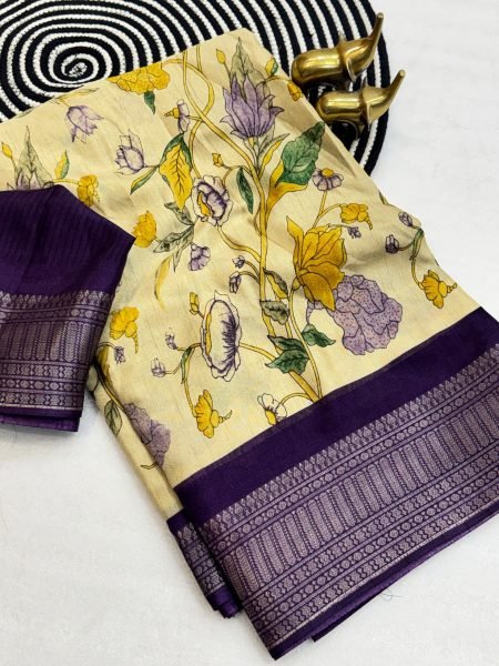 Exclusive Yellow Purple Dola Silk Saree with Floral Print and Zari Border For Wedding Wear Silk Sarees Wholesale