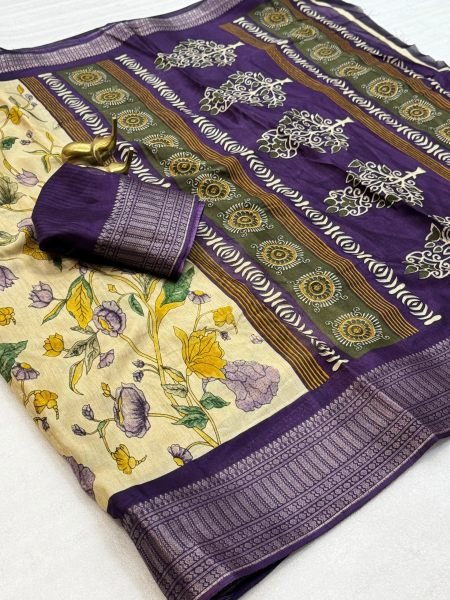 Exclusive Yellow Purple Dola Silk Saree with Floral Print and Zari Border For Wedding Wear Silk Sarees Wholesale