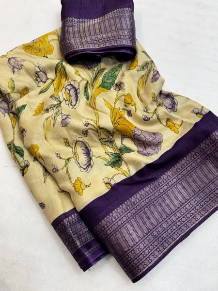 Exclusive Yellow Purple Dola Silk Saree with Floral Print and Zari Border For Wedding Wear Silk Sarees Wholesale