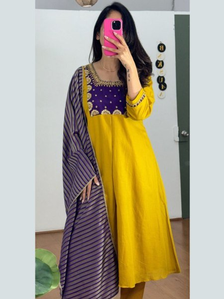 Exclusive Yellow PV Chanderi Kurti Pant Dupatta Set with Embroidery Work Kurtis