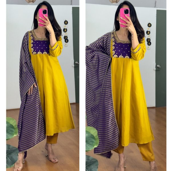 Exclusive Yellow PV Chanderi Kurti Pant Dupatta Set with Embroidery Work Anarkali Kurtis 