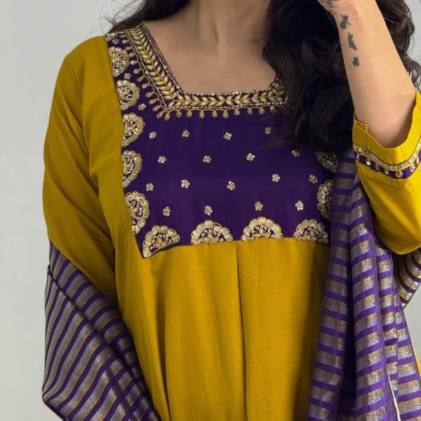 Exclusive Yellow PV Chanderi Kurti Pant Dupatta Set with Embroidery Work Anarkali Kurtis 