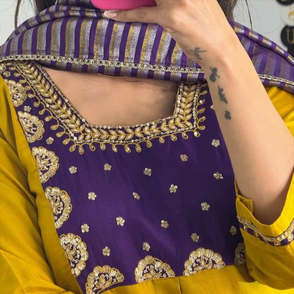 Exclusive Yellow PV Chanderi Kurti Pant Dupatta Set with Embroidery Work Anarkali Kurtis 