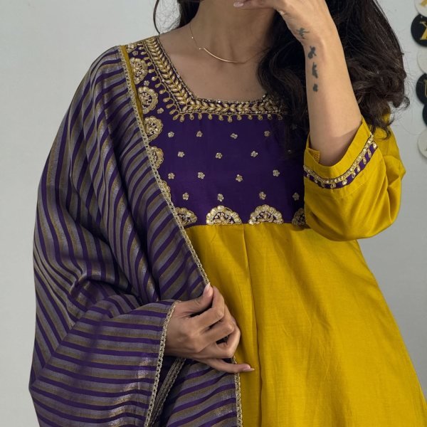 Exclusive Yellow PV Chanderi Kurti Pant Dupatta Set with Embroidery Work Anarkali Kurtis 