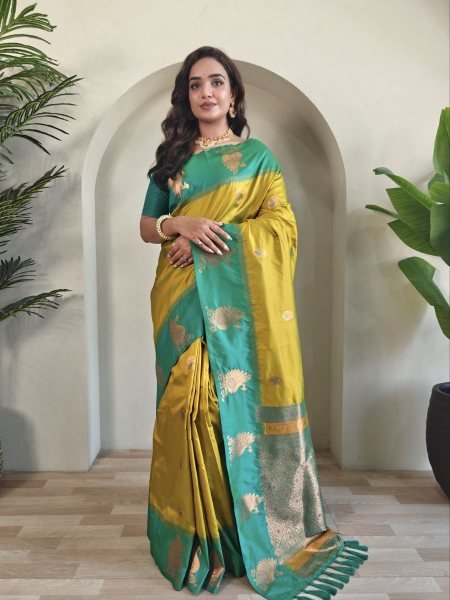 Exclusive Yellow Women's Dual Tone Silk Saree With Mango Motifs Design 