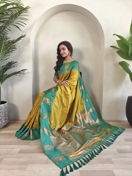 Exclusive Yellow Women's Dual Tone Silk Saree With Mango Motifs Design Silk Sarees Wholesale