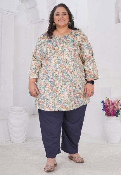 Export Quality Blue Rayon Slub Designer Top for Curvy Women Plus Size Kurti / Gown