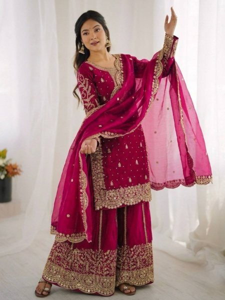 Export Quality Pink Designer Suit Set With Silk Palazzo for Boutique Collection 