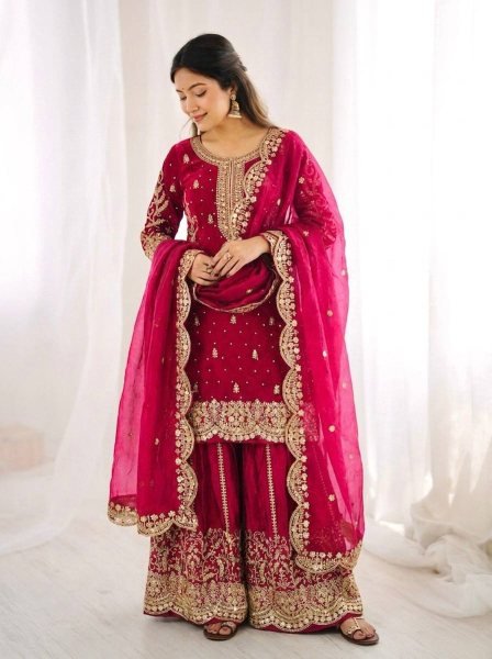 Export Quality Pink Designer Suit Set With Silk Palazzo for Boutique Collection Ready To Wear Collection