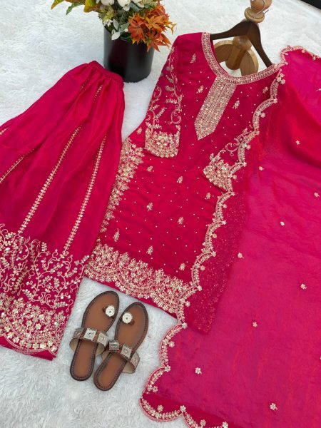 Export Quality Pink Designer Suit Set With Silk Palazzo for Boutique Collection Ready To Wear Collection