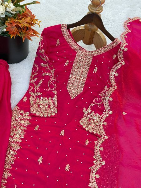 Export Quality Pink Designer Suit Set With Silk Palazzo for Boutique Collection Ready To Wear Collection