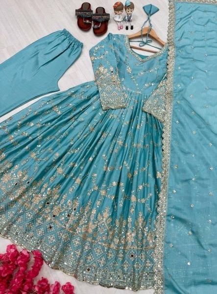 Exquisite Aqua Blue Silk Anarkali Set With Full Sleeve And Real Mirror Work Ready To Wear Collection