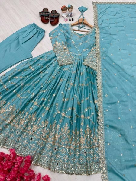 Exquisite Aqua Blue Silk Anarkali Set With Full Sleeve And Real Mirror Work Ready To Wear Collection