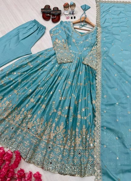 Exquisite Aqua Blue Silk Anarkali Set With Full Sleeve And Real Mirror Work Ready To Wear Collection