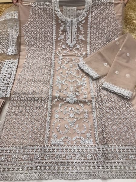 Exquisite Beige Engagements Wear Salwar Suit with Matching Dupatta for Exporters Embroidery Suits Wholesale