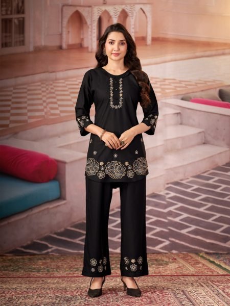 Exquisite Black Designer Heavy Rayon Co-Ord Set with Hand Embroidery Work at Wholesale Rate CO ORD Sets