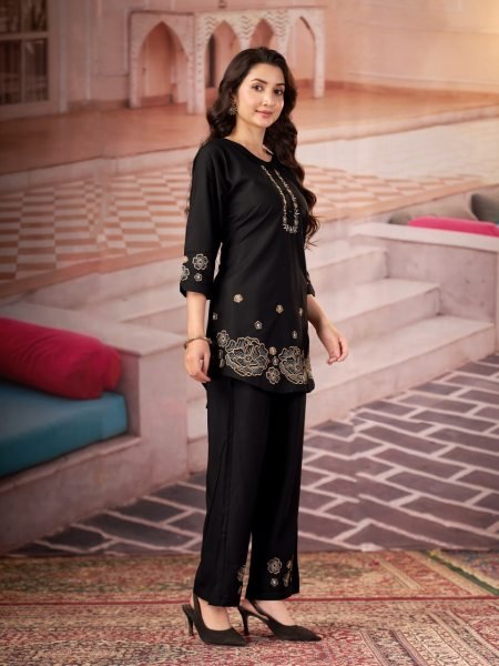 Exquisite Black Designer Heavy Rayon Co-Ord Set with Hand Embroidery Work at Wholesale Rate CO ORD Sets