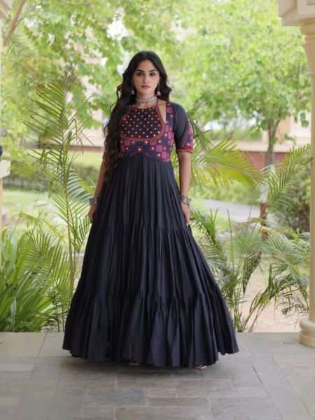 Exquisite Black Ethnic Wear Kora Cotton Gown with Full Cotton Lining For Navrati Kurtis