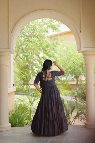Exquisite Black Ethnic Wear Kora Cotton Gown with Full Cotton Lining For Navrati Anarkali Kurtis 