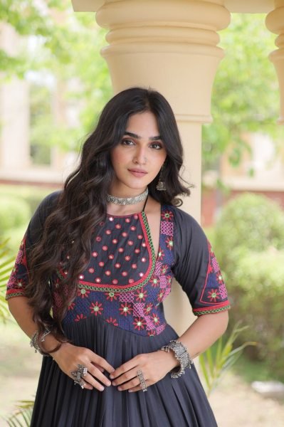 Exquisite Black Ethnic Wear Kora Cotton Gown with Full Cotton Lining For Navrati Anarkali Kurtis 