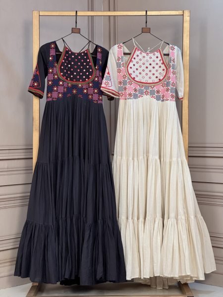 Exquisite Black Ethnic Wear Kora Cotton Gown with Full Cotton Lining For Navrati Anarkali Kurtis 