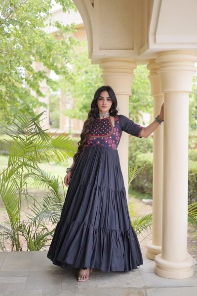 Exquisite Black Ethnic Wear Kora Cotton Gown with Full Cotton Lining For Navrati Anarkali Kurtis 