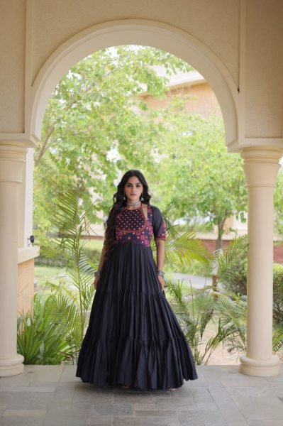 Exquisite Black Ethnic Wear Kora Cotton Gown with Full Cotton Lining For Navrati Anarkali Kurtis 