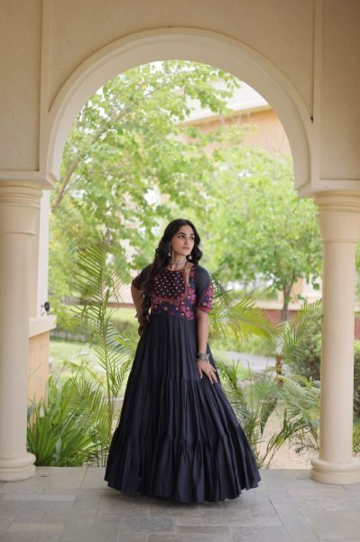 Exquisite Black Ethnic Wear Kora Cotton Gown with Full Cotton Lining For Navrati Anarkali Kurtis 