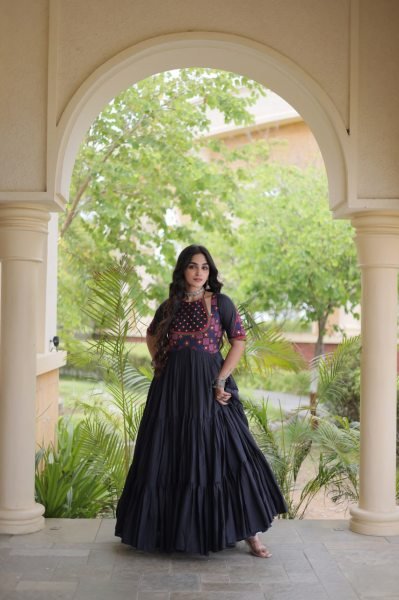 Exquisite Black Ethnic Wear Kora Cotton Gown with Full Cotton Lining For Navrati Anarkali Kurtis 