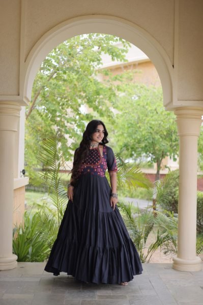 Exquisite Black Ethnic Wear Kora Cotton Gown with Full Cotton Lining For Navrati Anarkali Kurtis 