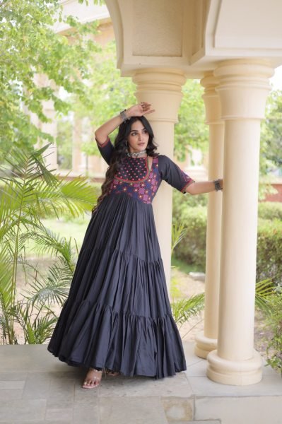 Exquisite Black Ethnic Wear Kora Cotton Gown with Full Cotton Lining For Navrati Anarkali Kurtis 