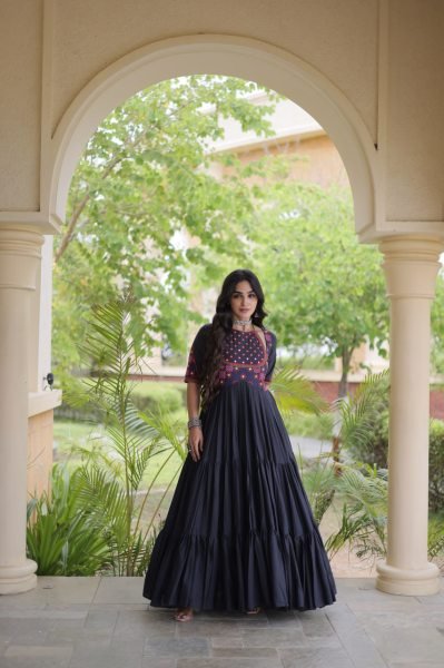 Exquisite Black Ethnic Wear Kora Cotton Gown with Full Cotton Lining For Navrati Anarkali Kurtis 
