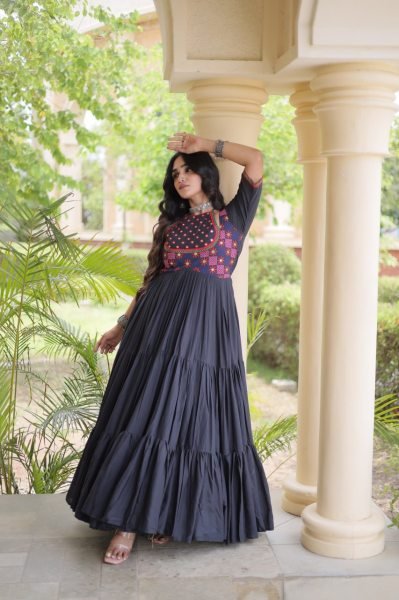Exquisite Black Ethnic Wear Kora Cotton Gown with Full Cotton Lining For Navrati Anarkali Kurtis 