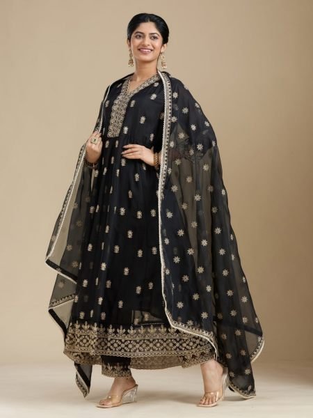 Exquisite Black Faux Georgette Designer Suit with Embroidered Sleeves and Butti Dupatta  Salwar Kameez