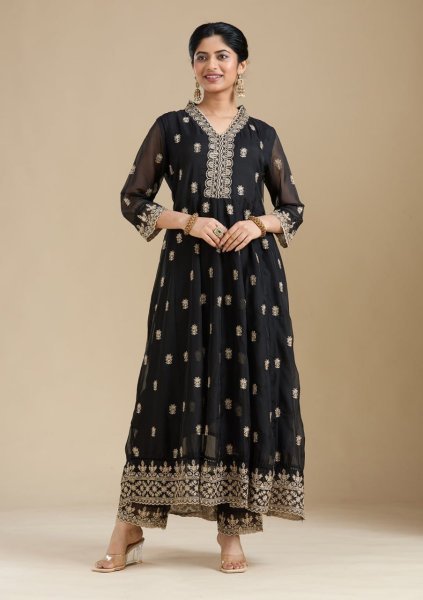 Exquisite Black Faux Georgette Designer Suit with Embroidered Sleeves and Butti Dupatta  Anarakali Gown Wholesale