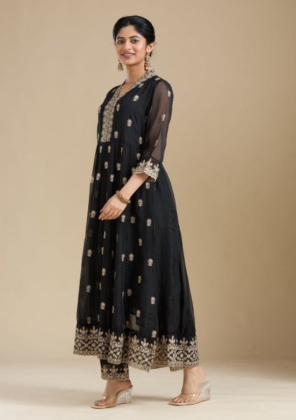Exquisite Black Faux Georgette Designer Suit with Embroidered Sleeves and Butti Dupatta  Anarakali Gown Wholesale
