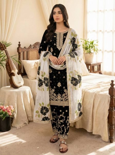 Exquisite Black Fully Stitch Silk Embroidery Sequence Work Suit Set for Resellers and Bulk Buyers Embroidery Kurtis 