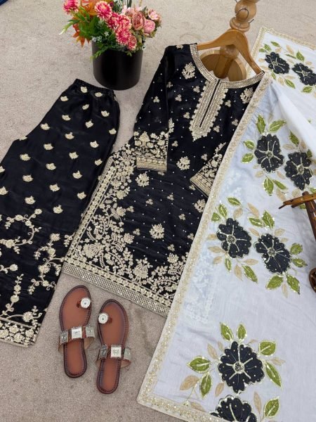 Exquisite Black Fully Stitch Silk Embroidery Sequence Work Suit Set for Resellers and Bulk Buyers Embroidery Kurtis 