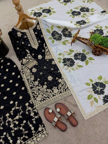 Exquisite Black Fully Stitch Silk Embroidery Sequence Work Suit Set for Resellers and Bulk Buyers Embroidery Kurtis 