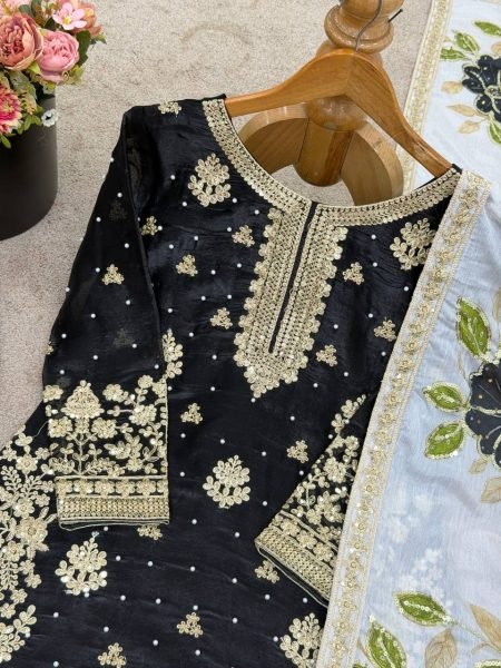 Exquisite Black Fully Stitch Silk Embroidery Sequence Work Suit Set for Resellers and Bulk Buyers Embroidery Kurtis 